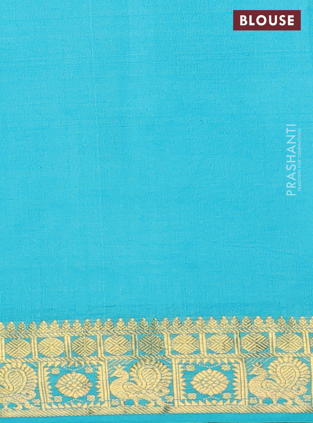 Semi silk cotton saree beige and teal blue with plain body and zari woven border