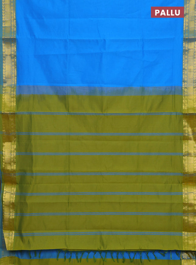 Semi silk cotton saree blue and light green with plain body and zari woven border
