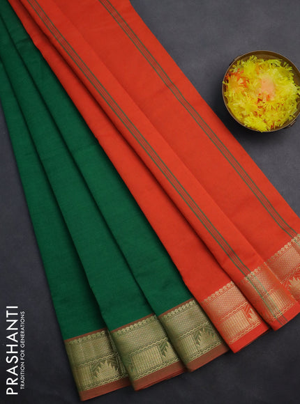 Semi silk cotton saree green and orange with plain body and zari woven border