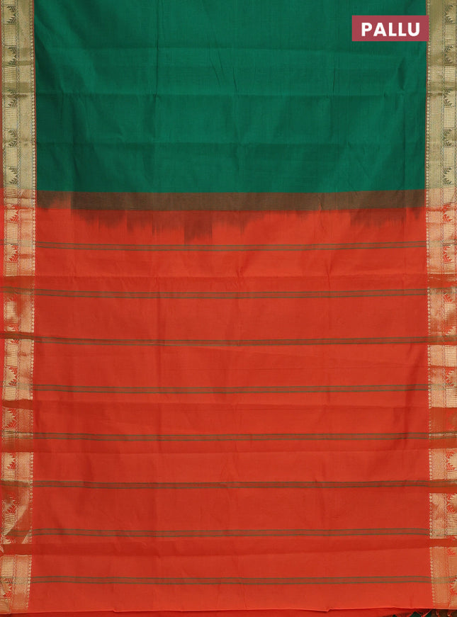Semi silk cotton saree green and orange with plain body and zari woven border