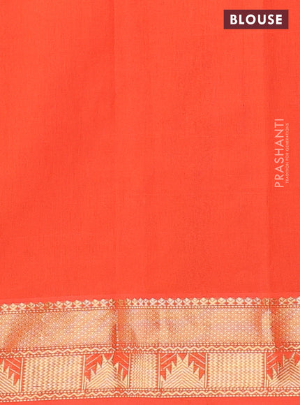 Semi silk cotton saree green and orange with plain body and zari woven border