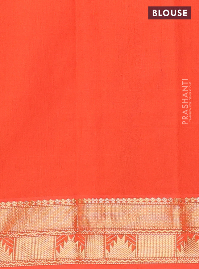 Semi silk cotton saree green and orange with plain body and zari woven border