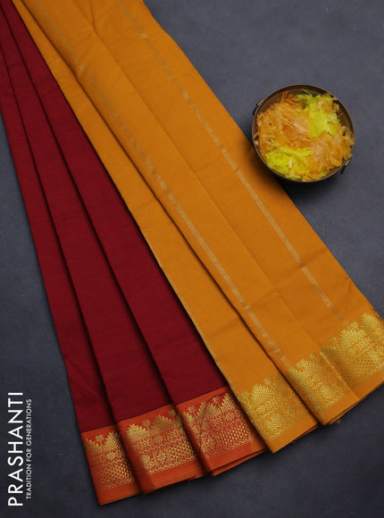 Semi silk cotton saree kumkum red and mango yellow with plain body and zari woven border