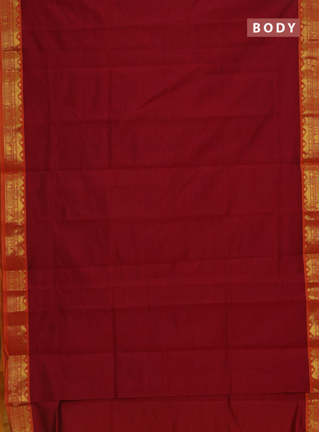 Semi silk cotton saree kumkum red and mango yellow with plain body and zari woven border