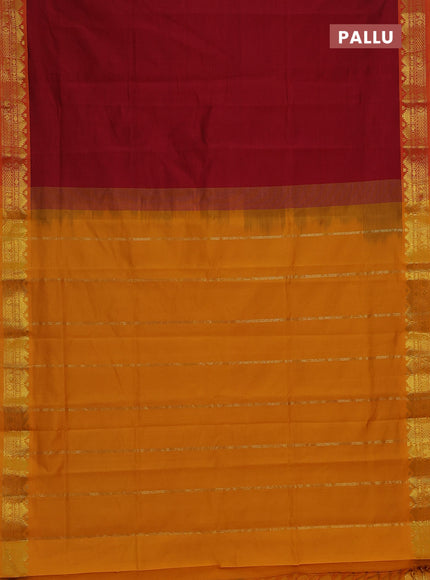 Semi silk cotton saree kumkum red and mango yellow with plain body and zari woven border