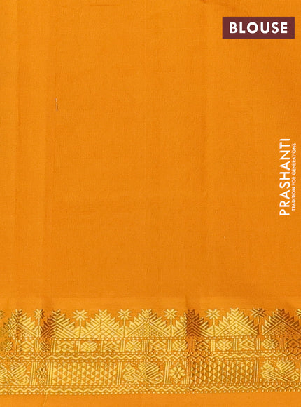 Semi silk cotton saree kumkum red and mango yellow with plain body and zari woven border