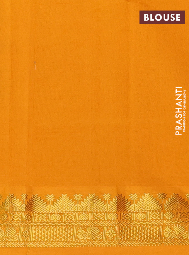 Semi silk cotton saree kumkum red and mango yellow with plain body and zari woven border