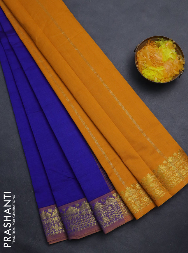 Semi silk cotton saree blue and mango yellow with plain body and zari woven border