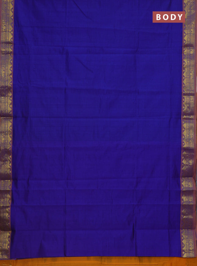 Semi silk cotton saree blue and mango yellow with plain body and zari woven border