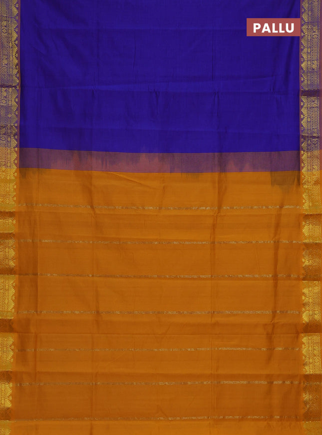 Semi silk cotton saree blue and mango yellow with plain body and zari woven border