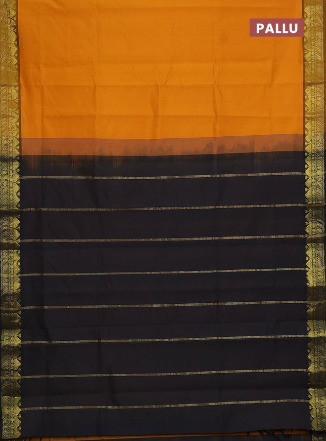 Semi silk cotton saree mustard yellow and black with plain body and zari woven border