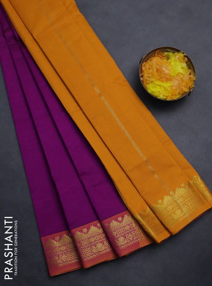 Semi silk cotton saree purple and mango yellow with plain body and zari woven border