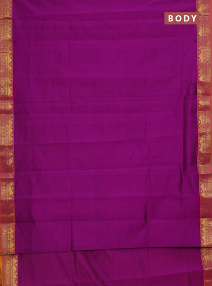 Semi silk cotton saree purple and mango yellow with plain body and zari woven border