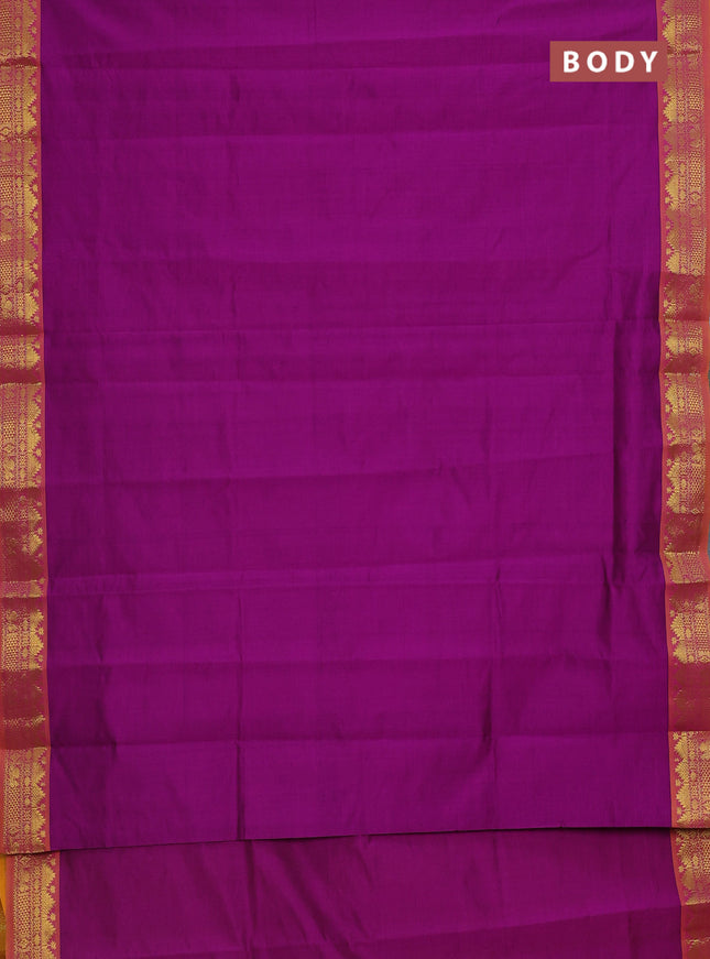 Semi silk cotton saree purple and mango yellow with plain body and zari woven border