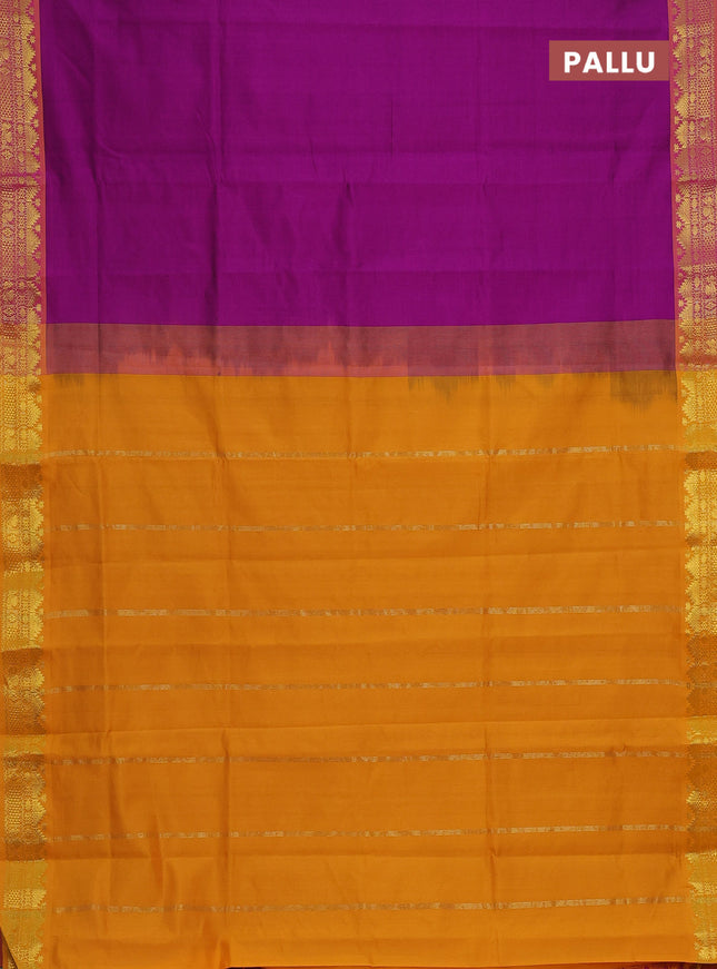 Semi silk cotton saree purple and mango yellow with plain body and zari woven border