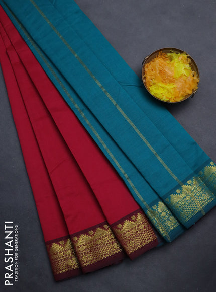Semi silk cotton saree dark pink and teal green with plain body and zari woven border