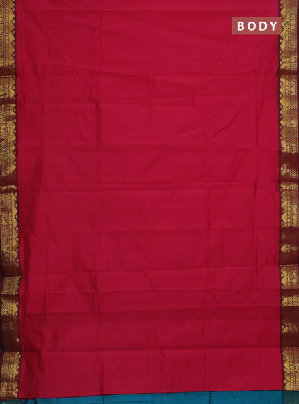 Semi silk cotton saree dark pink and teal green with plain body and zari woven border