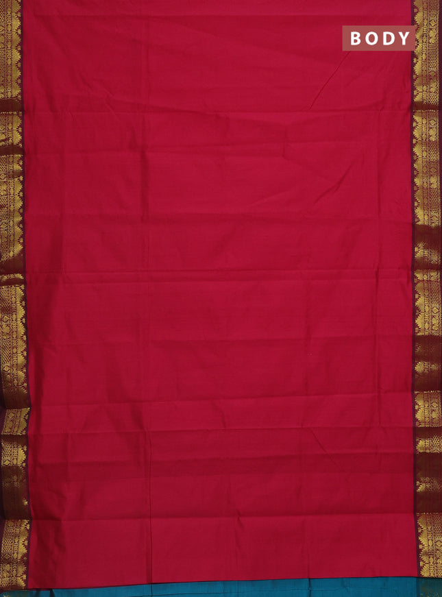 Semi silk cotton saree dark pink and teal green with plain body and zari woven border