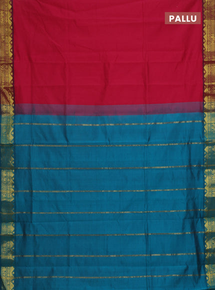 Semi silk cotton saree dark pink and teal green with plain body and zari woven border