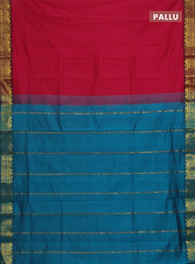 Semi silk cotton saree dark pink and teal green with plain body and zari woven border