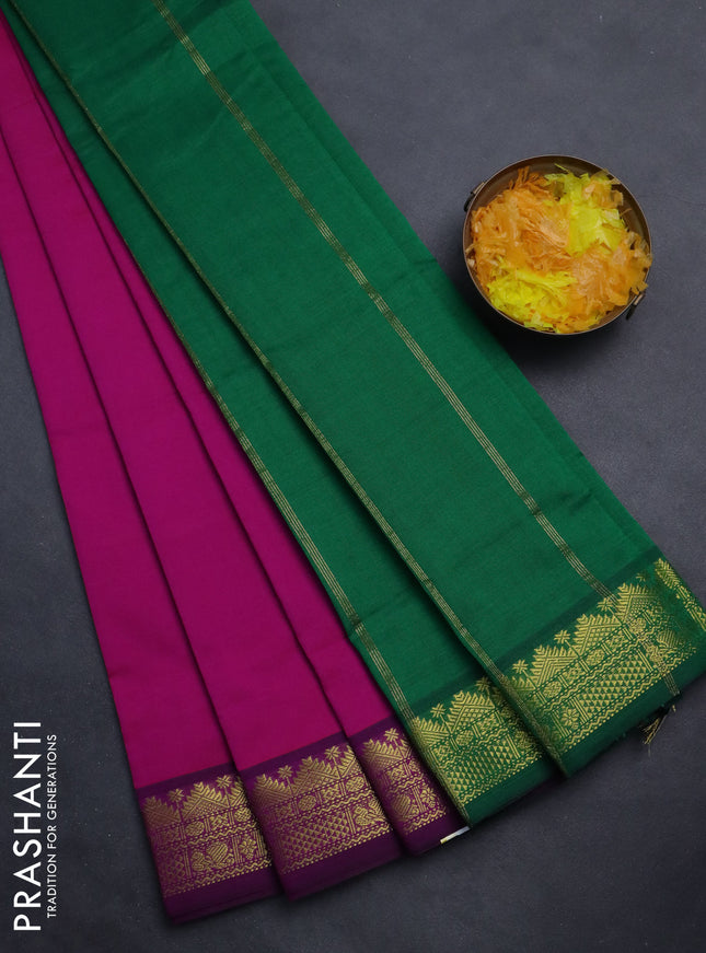 Semi silk cotton saree magenta pink and green with plain body and zari woven border
