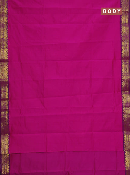 Semi silk cotton saree magenta pink and green with plain body and zari woven border