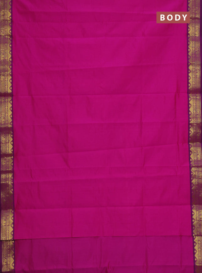 Semi silk cotton saree magenta pink and green with plain body and zari woven border