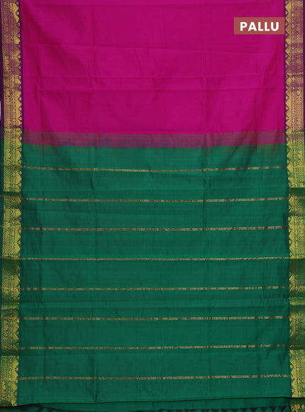 Semi silk cotton saree magenta pink and green with plain body and zari woven border