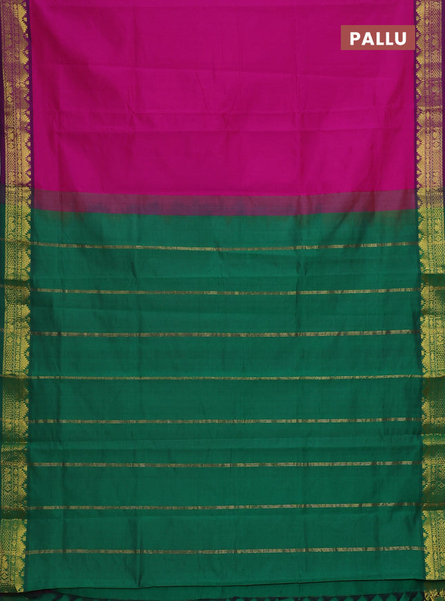 Semi silk cotton saree magenta pink and green with plain body and zari woven border