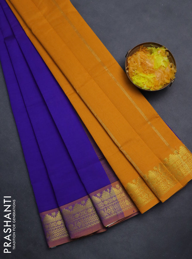 Semi silk cotton saree violet and mango yellow with plain body and zari woven border
