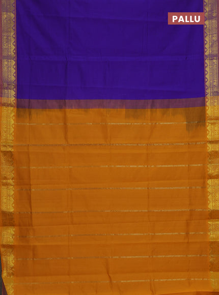 Semi silk cotton saree violet and mango yellow with plain body and zari woven border