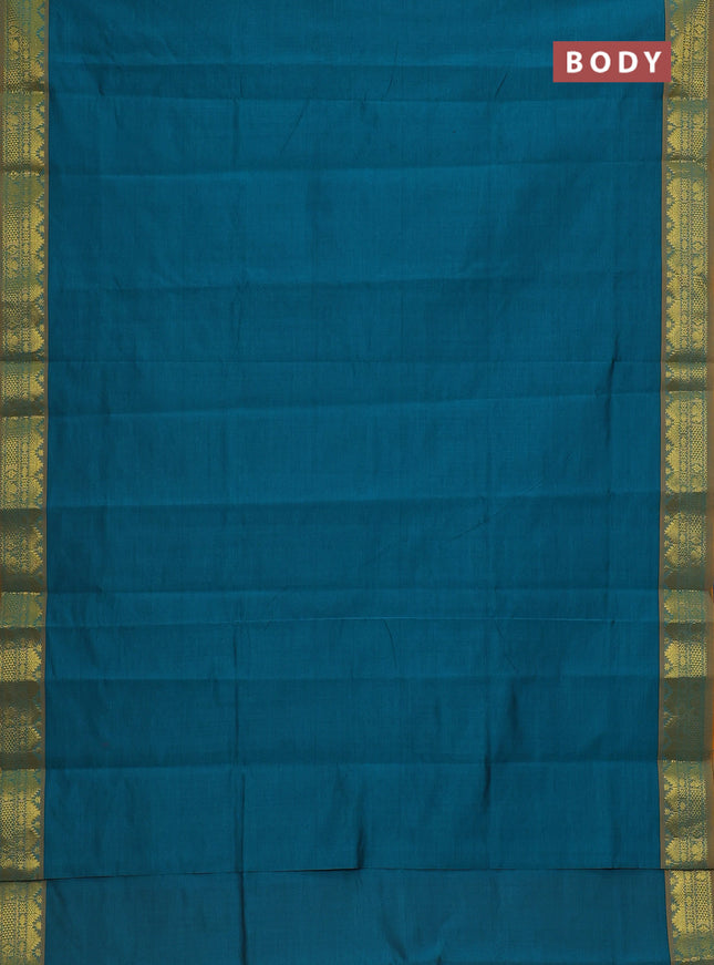 Semi silk cotton saree teal green and mango yellow with plain body and zari woven border