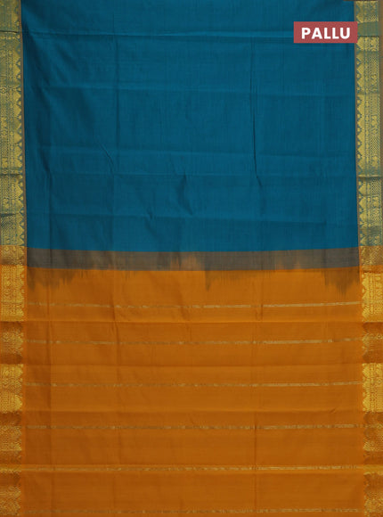 Semi silk cotton saree teal green and mango yellow with plain body and zari woven border