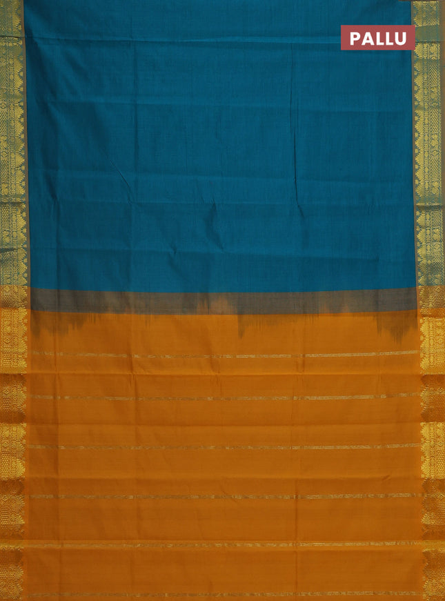 Semi silk cotton saree teal green and mango yellow with plain body and zari woven border