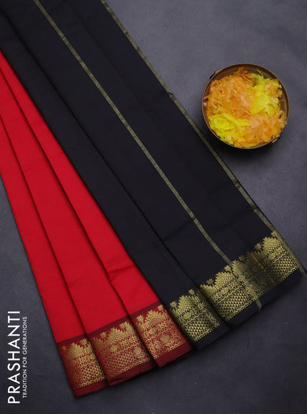 Semi silk cotton saree red and black with plain body and zari woven border