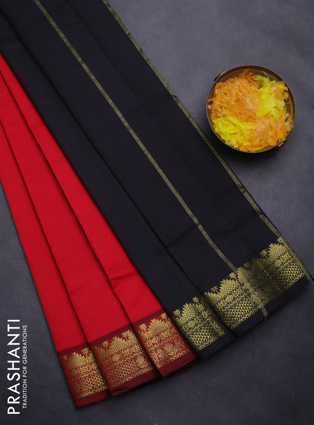 Semi silk cotton saree red and black with plain body and zari woven border