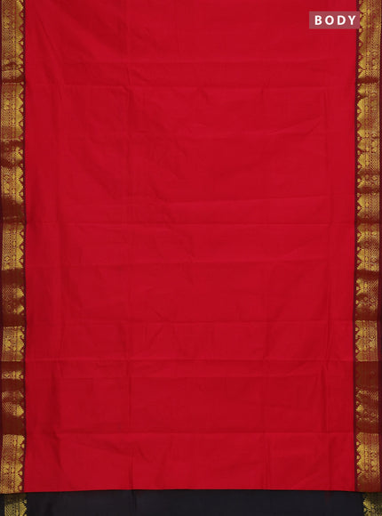 Semi silk cotton saree red and black with plain body and zari woven border