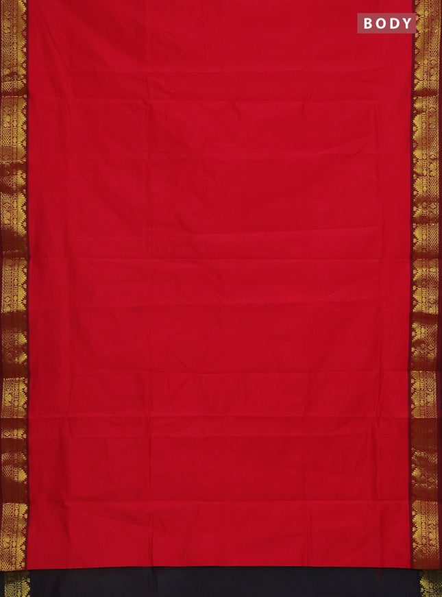 Semi silk cotton saree red and black with plain body and zari woven border