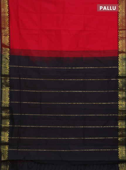 Semi silk cotton saree red and black with plain body and zari woven border