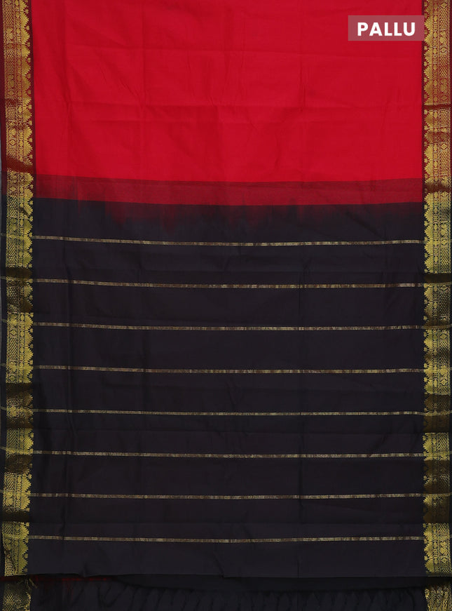 Semi silk cotton saree red and black with plain body and zari woven border