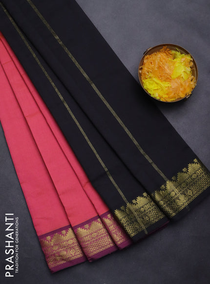Semi silk cotton saree dual shade of pink and black with plain body and zari woven border