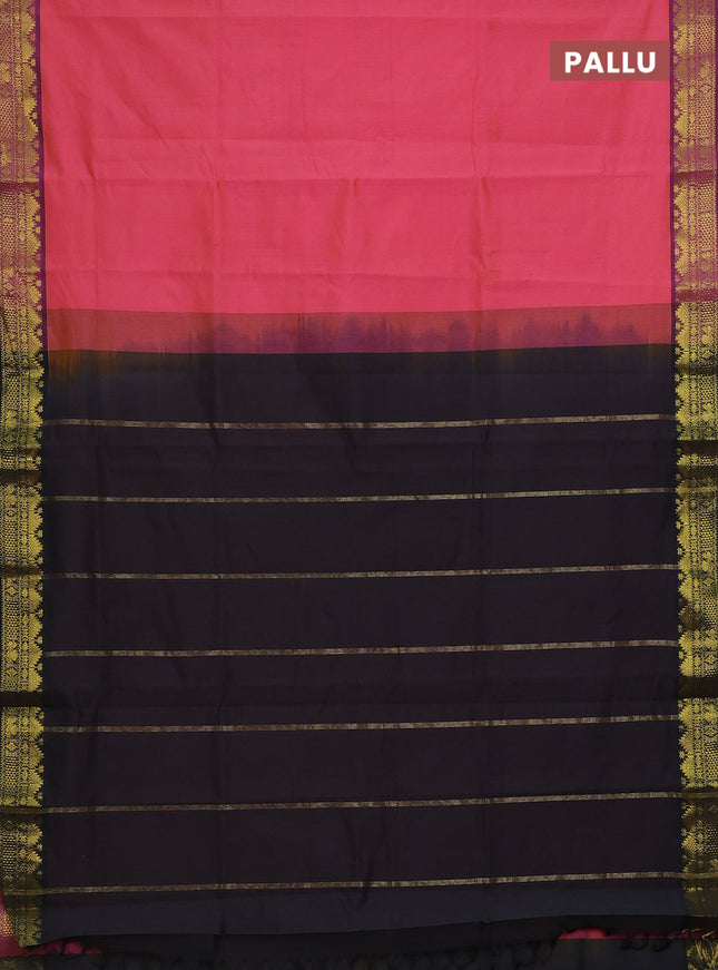 Semi silk cotton saree dual shade of pink and black with plain body and zari woven border