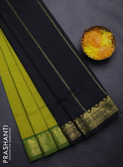 Semi silk cotton saree dual shade of lime green and black with plain body and zari woven border
