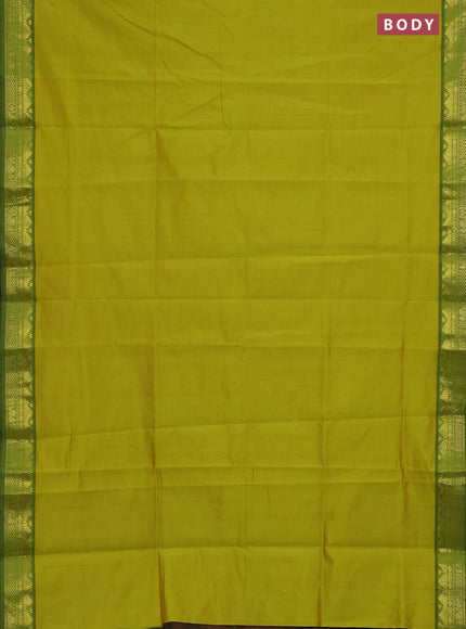 Semi silk cotton saree dual shade of lime green and black with plain body and zari woven border