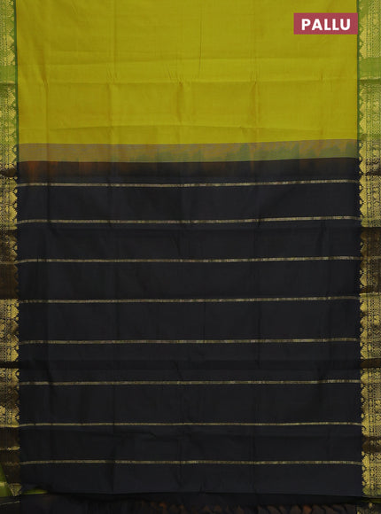 Semi silk cotton saree dual shade of lime green and black with plain body and zari woven border