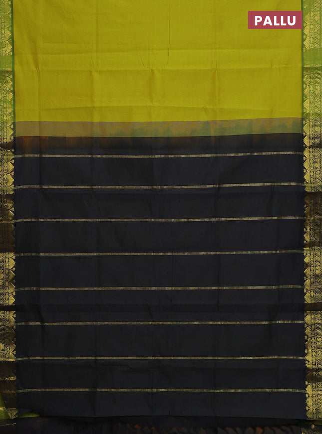 Semi silk cotton saree dual shade of lime green and black with plain body and zari woven border