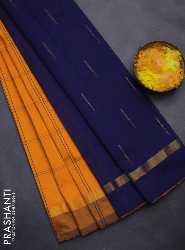 Semi silk cotton saree mango yellow and navy blue with allover checks & zari buttas and zari woven simple border