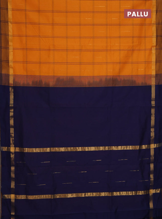 Semi silk cotton saree mango yellow and navy blue with allover checks & zari buttas and zari woven simple border
