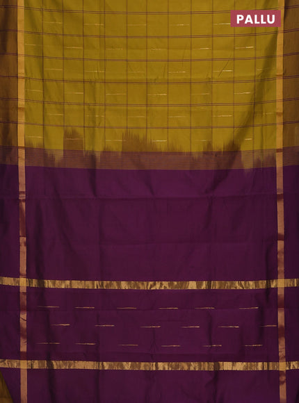 Semi silk cotton saree dark mustard and purple with allover checks & zari buttas and zari woven simple border