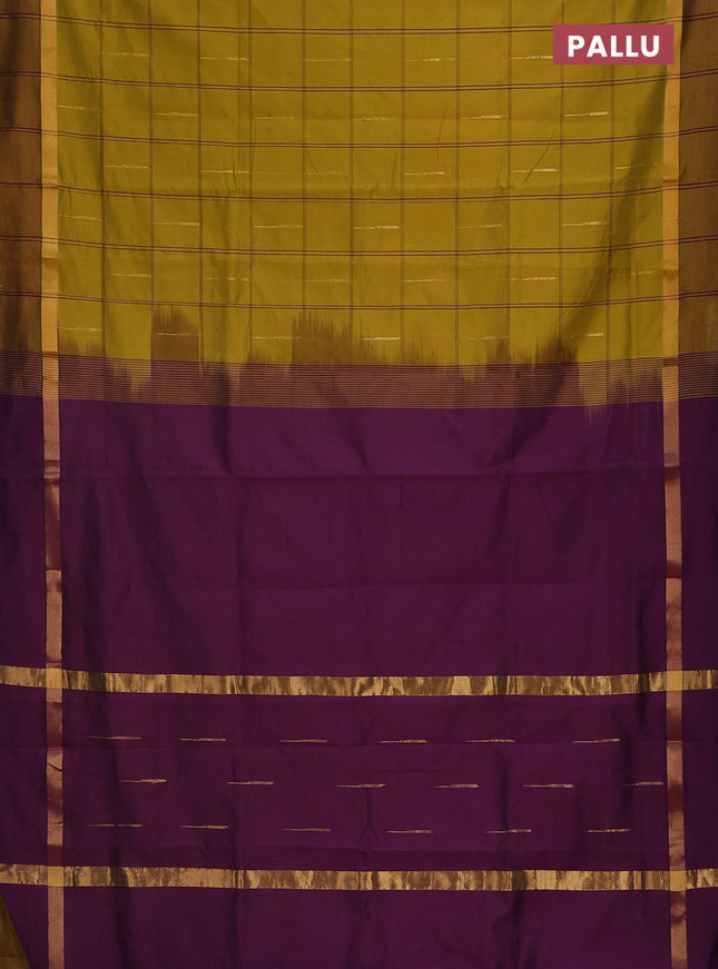 Semi silk cotton saree dark mustard and purple with allover checks & zari buttas and zari woven simple border